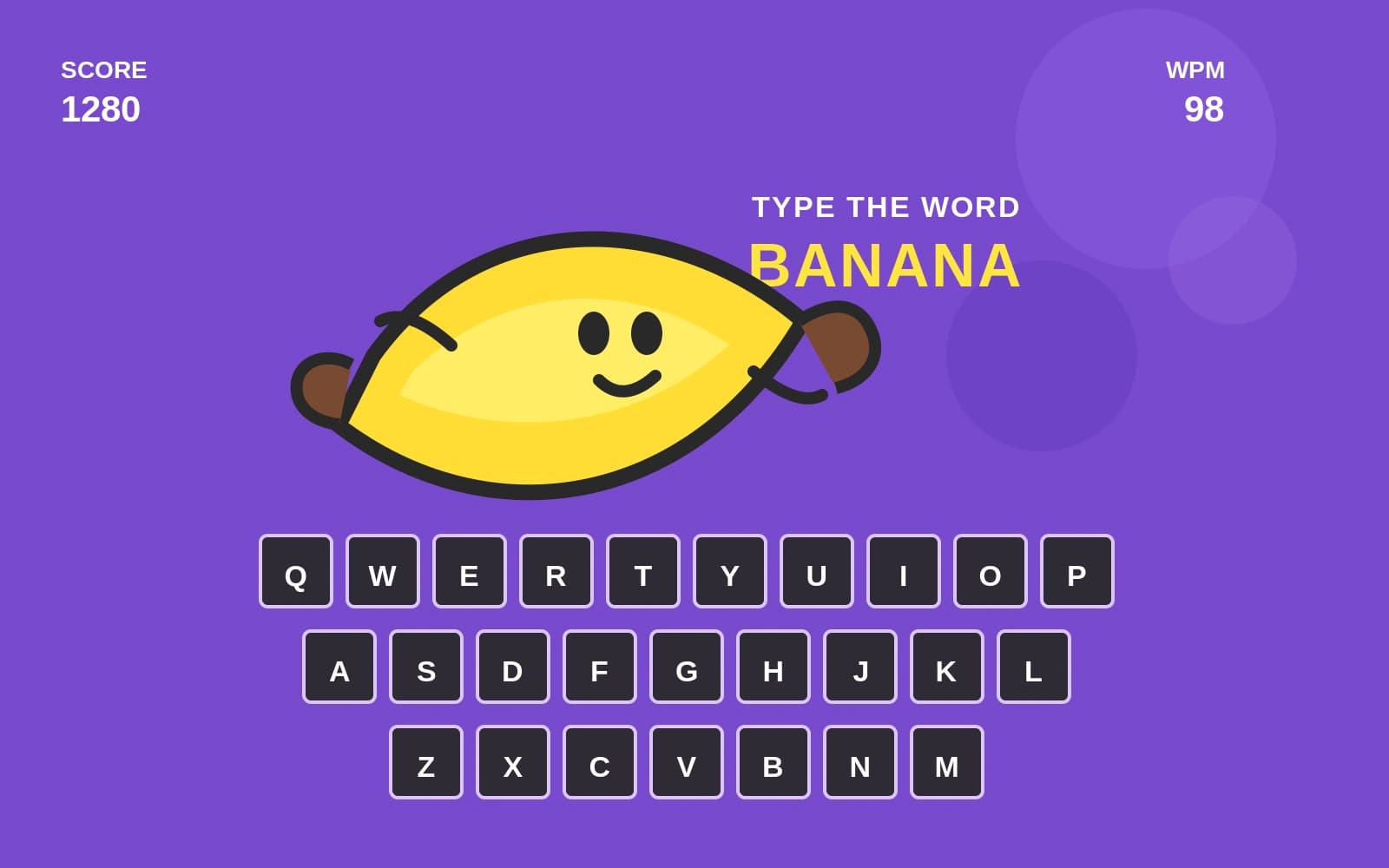 Banana Type typing game interface with a banana mascot and keyboard